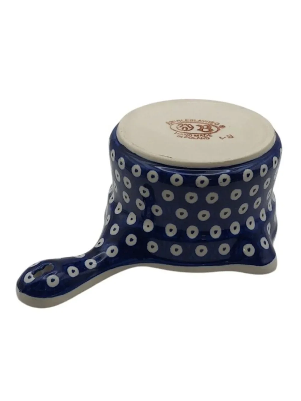 Handmade Bolesławiec Polish Pottery Blue & White Polka Dot Sauce Dish w/ Handle